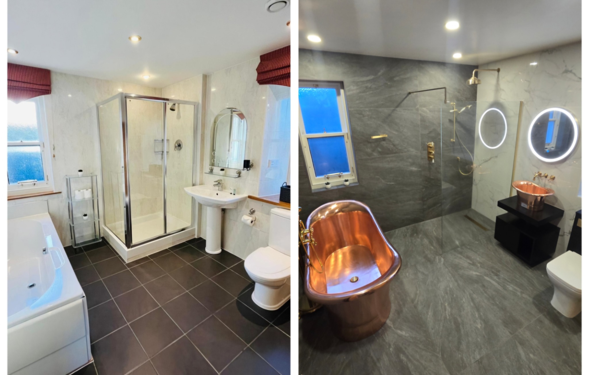 Dwie aranżacje łazienki: po lewej klasyczna z białą wanną, kabiną prysznicową i umywalką na postumencie, po prawej nowoczesna z miedzianą wanną wolnostojącą, szarą płytką imitującą marmur...