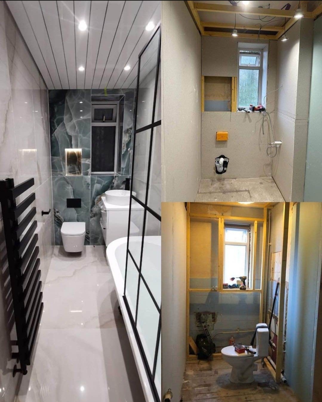 Kolaż trzech ujęć łazienki: wykończona z marmurowymi płytkami, czarnym grzejnikiem i kabiną prysznicową w stylu loftowym, surowa z płytami kartonowo-gipsowymi i oknem oraz w trakcie prac...