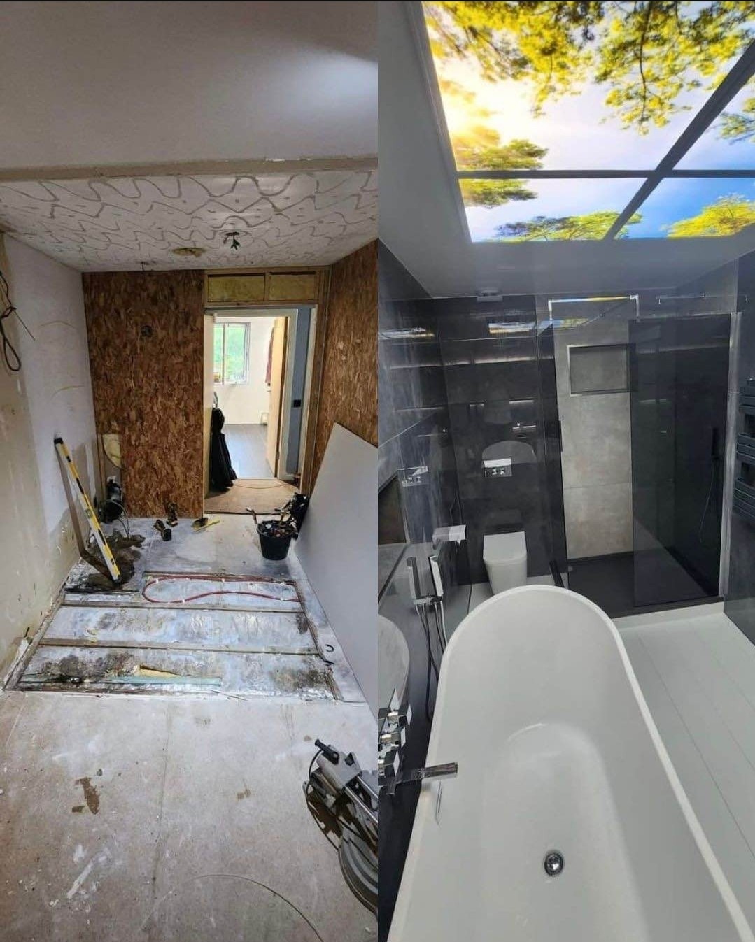 Porównanie stanu łazienki przed i po remoncie: surowy stan z odsłoniętą podłogą i instalacjami kontra nowoczesna łazienka z wanną wolnostojącą, kabiną prysznicową i podświetlanym sufitem imitującym...