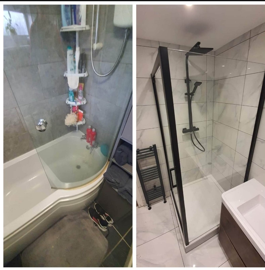 Porównanie łazienki przed i po: stara wanna z półkami na kosmetyki kontra nowoczesny prysznic typu walk-in z czarną armaturą i grzejnikiem drabinkowym.