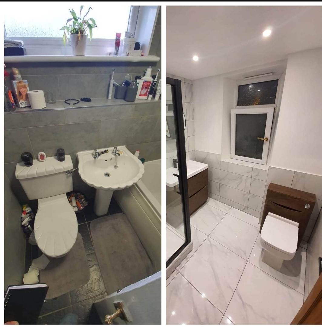 Porównanie łazienki przed i po: po lewej stronie zagracona, szara łazienka z wanną, toaletą i umywalką na postumencie; po prawej stronie odnowiona, jasna łazienka z białymi marmurkowymi płytkami...