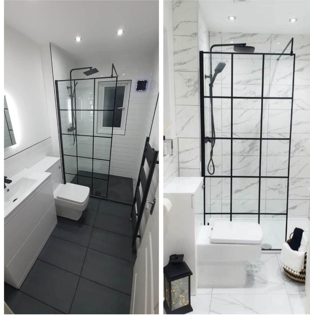 Nowoczesna łazienka z czarną kabiną prysznicową typu walk-in, białymi płytkami imitującymi marmur na ścianie, szarymi płytkami podłogowymi, białą armaturą i grzejnikiem drabinkowym.