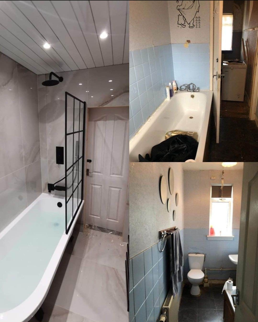 Kolaż zdjęć: odnowiona łazienka z wanną, czarną armaturą i szklanym parawanem, kontrastująca z widokiem starej łazienki z niebieskimi płytkami i wyposażeniem sprzed remontu.