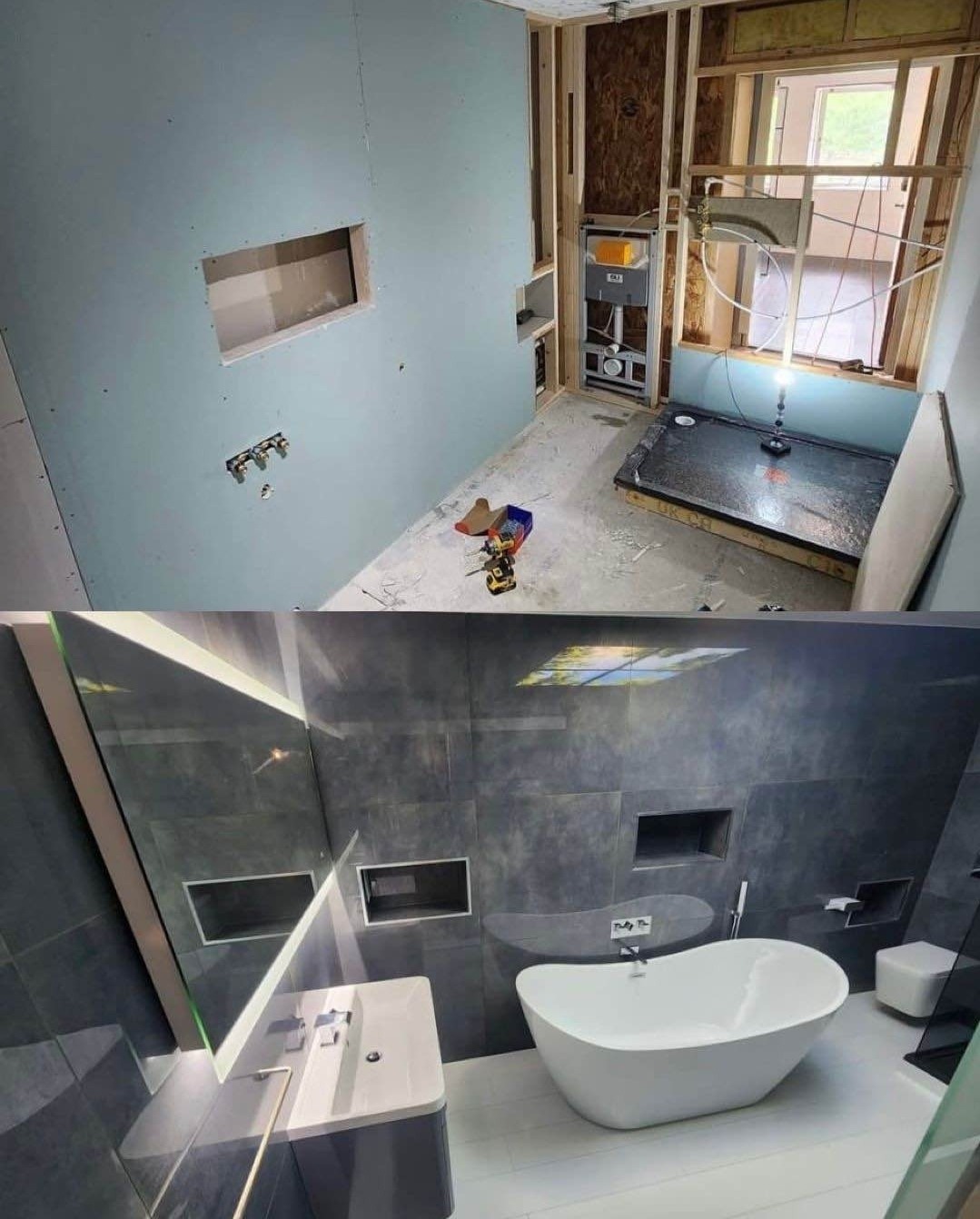 Dwa ujęcia tej samej łazienki: górne pokazuje stan surowy z widoczną konstrukcją ścian, instalacjami i częściowo położoną płytą karton-gips, dolne prezentuje efekt końcowy z nowoczesną armaturą...