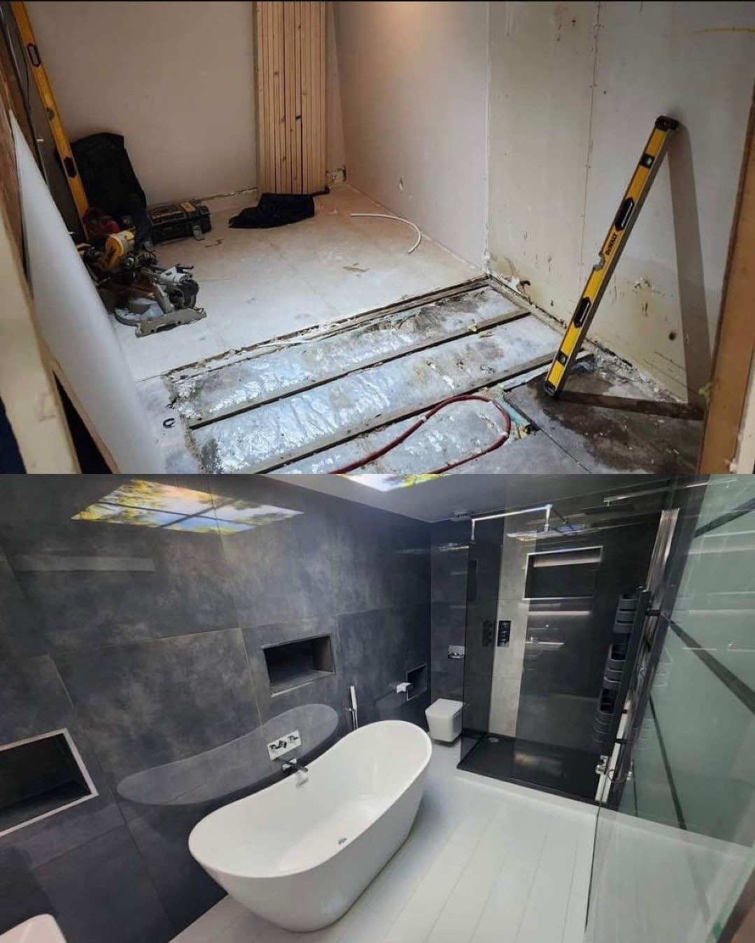 Porównanie stanu przed i po renowacji łazienki w Gdańsku: od surowego stanu z odkrytą podłogą i narzędziami, do nowoczesnego wnętrza z wolnostojącą wanną, szarą glazurą i kabiną prysznicową.