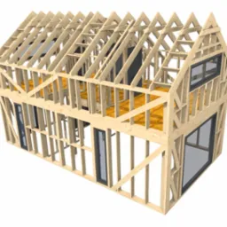 Wizualizacja 3D szkieletu drewnianego domu z widocznymi oknami i konstrukcją dachu, ukazująca etap budowy przed wykończeniem.