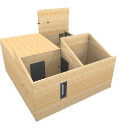 Seydi Karayilan - Wizualizacja 3D drewnianej konstrukcji domu w stanie surowym zamkniętym z widocznymi drzwiami wewnętrznymi i oknem.