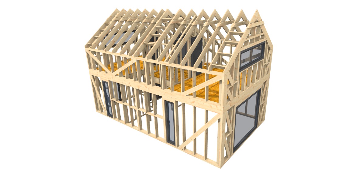 Wizualizacja 3D szkieletu drewnianego domu z widocznymi oknami i konstrukcją dachu, ukazująca etap budowy przed wykończeniem.
