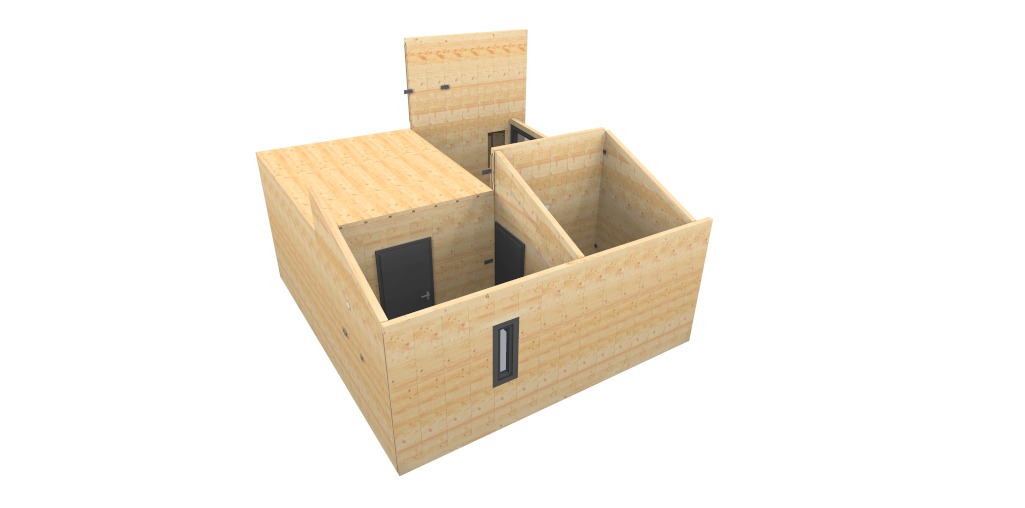 Wizualizacja 3D drewnianej konstrukcji domu w stanie surowym zamkniętym z widocznymi drzwiami wewnętrznymi i oknem.