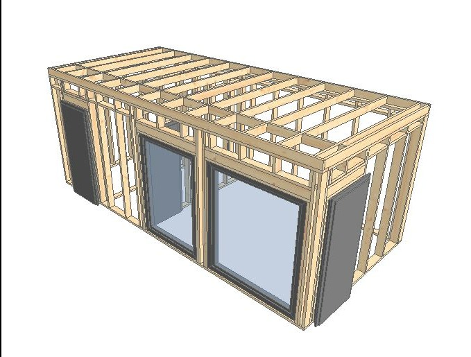 Wizualizacja 3D szkieletu domu z drewnianą konstrukcją nośną, widoczne otwory okienne i drzwiowe, bez wykończenia zewnętrznego.