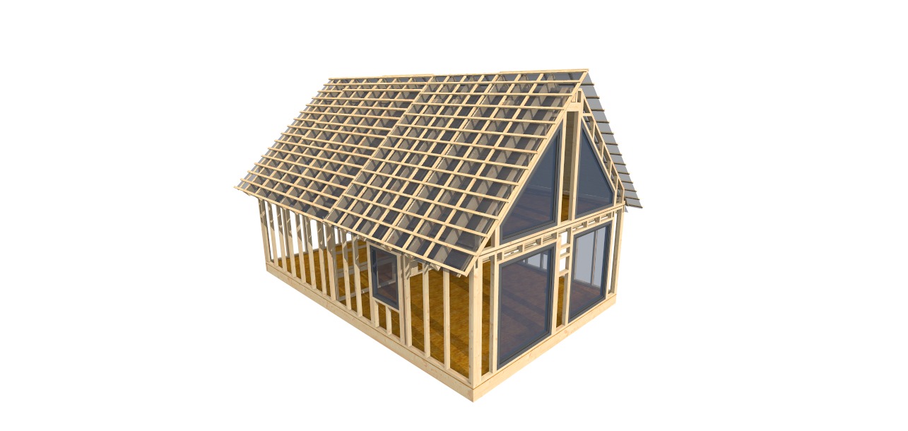 Wizualizacja 3D szkieletu domu z drewnianą konstrukcją dachu i dużymi oknami, ukazująca etap budowy przed ociepleniem i wykończeniem elewacji.