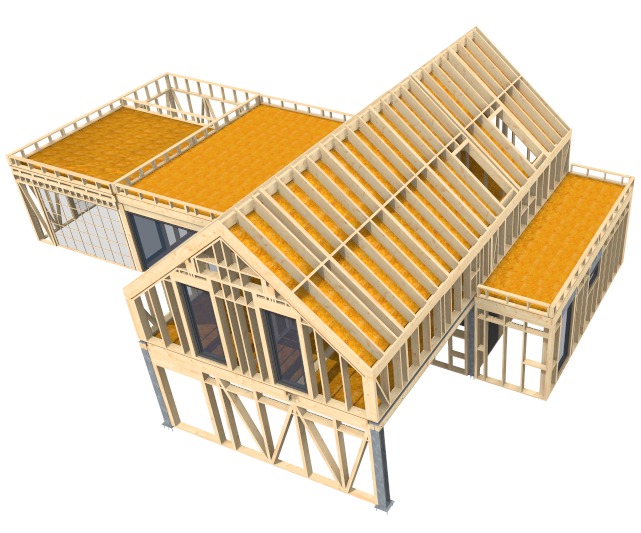 Wizualizacja 3D szkieletu drewnianego domu jednorodzinnego w trakcie budowy, widok z góry, ukazujący konstrukcję ścian, dachu z izolacją oraz okna.
