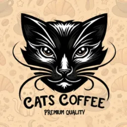 Ilustracja wektorowa: czarny kot z białymi akcentami, stylizowany na logo kawiarni 'Cats Coffee', z napisem 'Premium Quality' na tle z motywami kawy, croissantów i kotów.