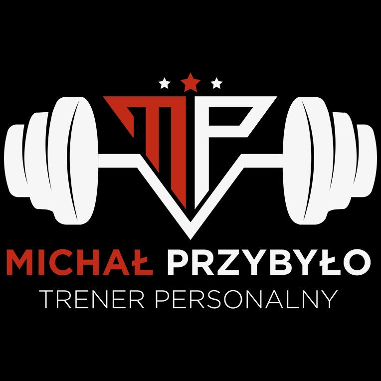 Logo trenera personalnego Michała Przybyło z ciężarami po bokach i stylizowanymi inicjałami w kolorach czerwieni i bieli na czarnym tle.