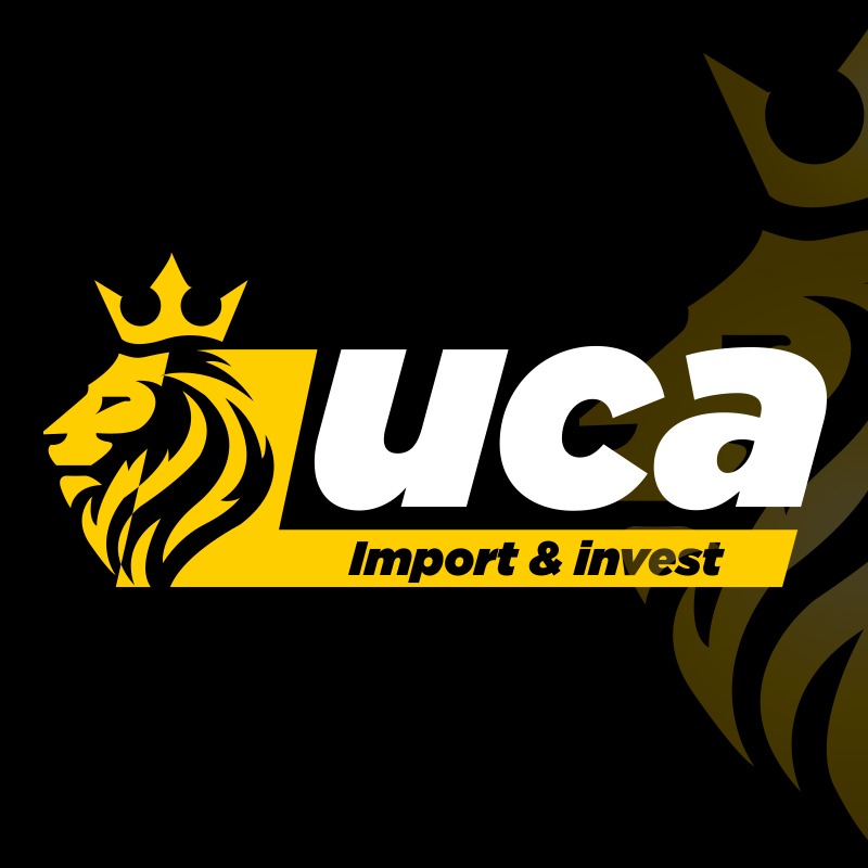 Logo firmy UCA Import & Invest: złoty lew w koronie, biały napis 'uca' na żółtym tle, całość na czarnym tle z częściowym wizerunkiem lwa w tle.