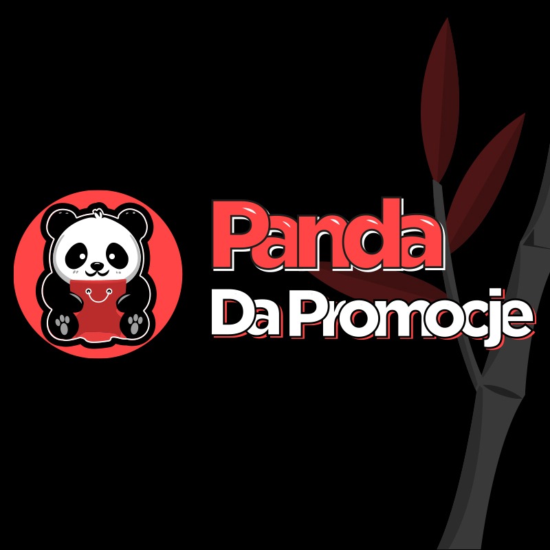 Ilustracja logo firmy Panda Da Promocje z wizerunkiem pandy trzymającej czerwoną torbę na zakupy na czarnym tle z bambusowymi liśćmi.