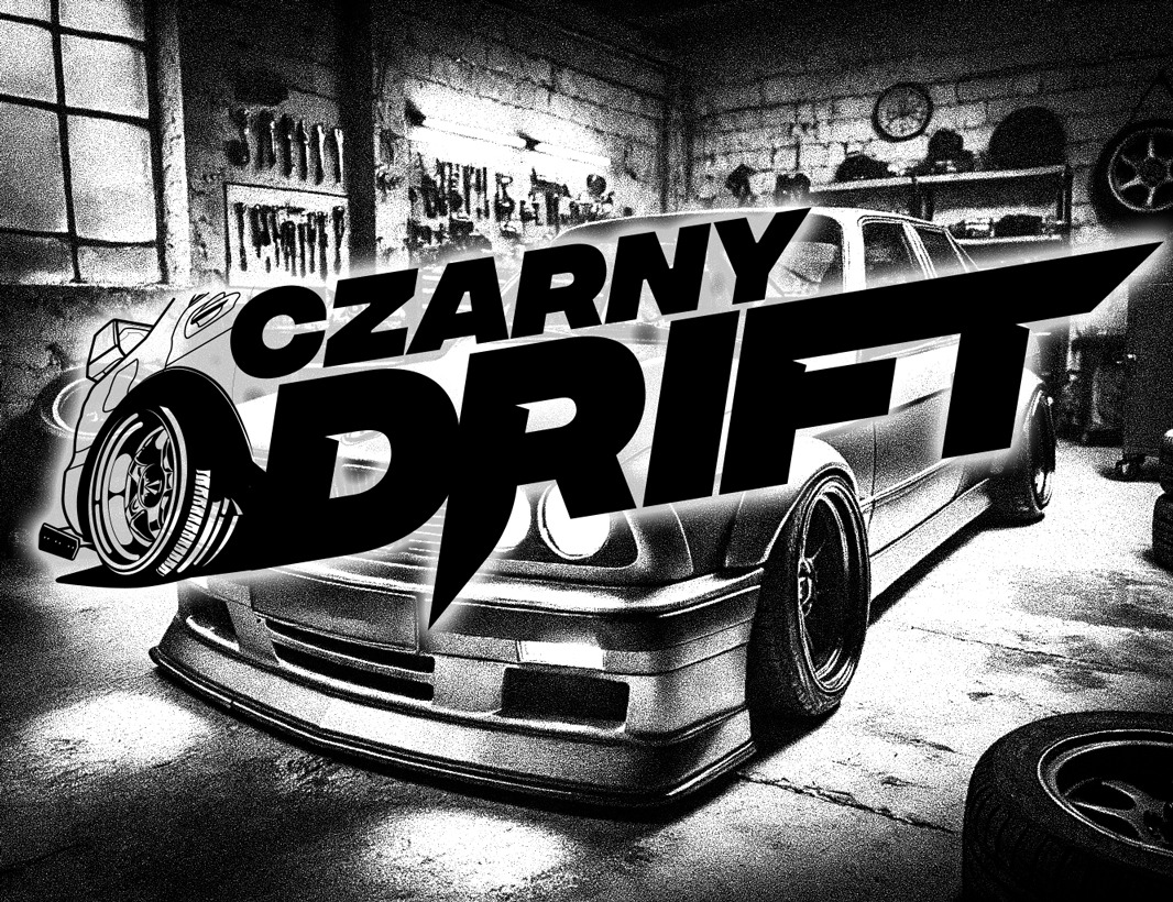 Stylizowane, czarno-białe zdjęcie samochodu z napisem 'CZARNY DRIFT' na tle garażu z narzędziami i oponami.