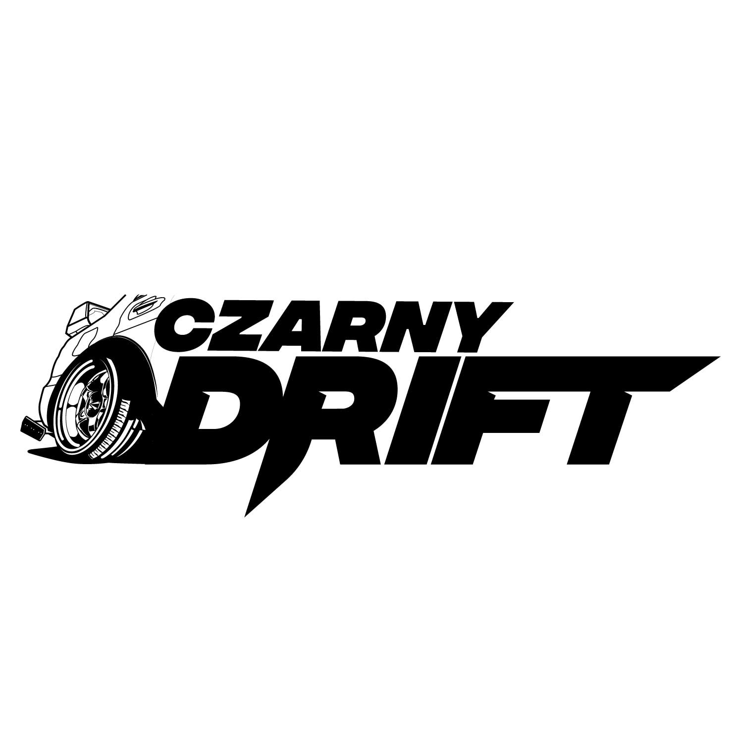 Czarno-białe logo z dynamicznym napisem 'CZARNY DRIFT' i stylizowanym samochodem w driftcie po lewej stronie.