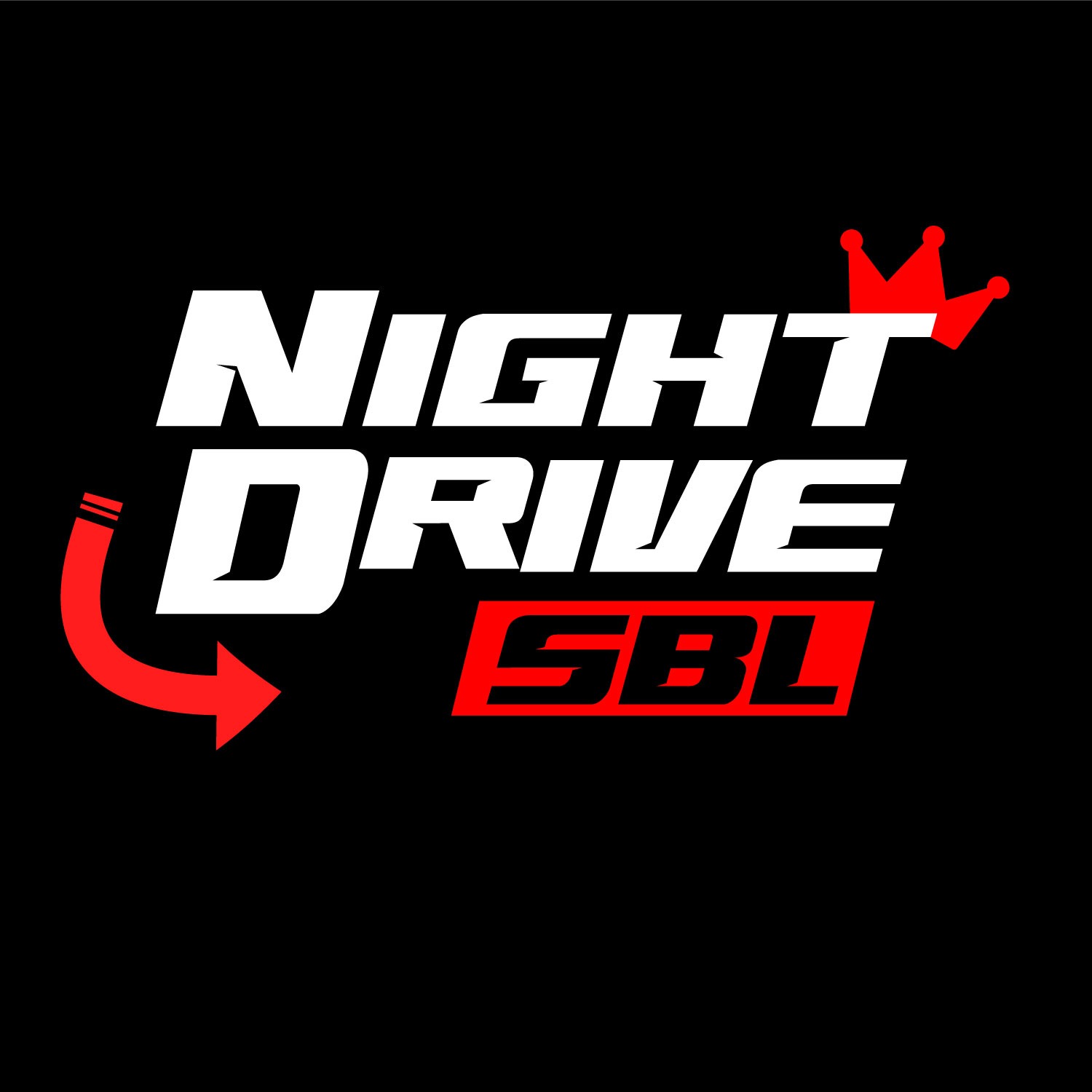Logo 'Night Drive SBL' z czerwoną koroną nad literą 'T' i strzałką zawijającą się wokół słowa 'Drive' w Bieruniu.