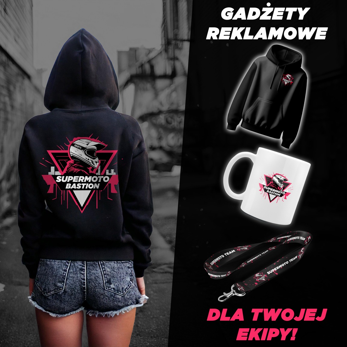 Zestaw gadżetów reklamowych: bluza z kapturem, kubek i smycz z nadrukiem grafiki motocyklowej 'Supermoto Bastion', prezentowanych na czarnym tle oraz na plecach osoby w bluzie, na tle muru.