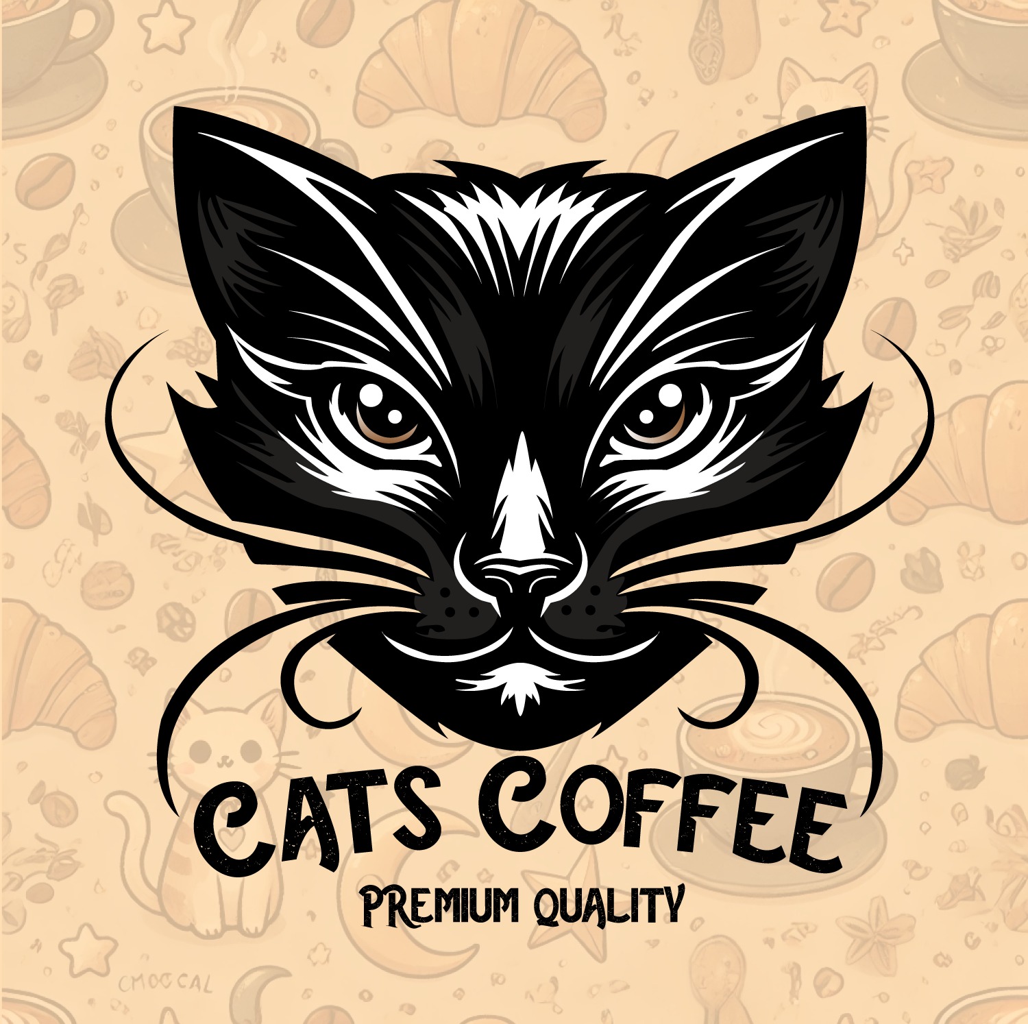 Ilustracja wektorowa: czarny kot z białymi akcentami, stylizowany na logo kawiarni 'Cats Coffee', z napisem 'Premium Quality' na tle z motywami kawy, croissantów i kotów.