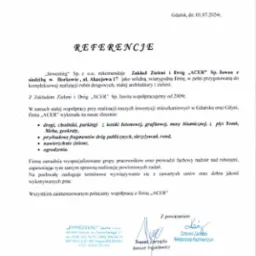 Skan dokumentu referencyjnego firmy Investing Sp. z o.o. dla Zakładu Zieleni i Dróg ACER Sp. Jawna, potwierdzającego kompleksową realizację robót drogowych, małej architektury i zieleni, w tym dróg...