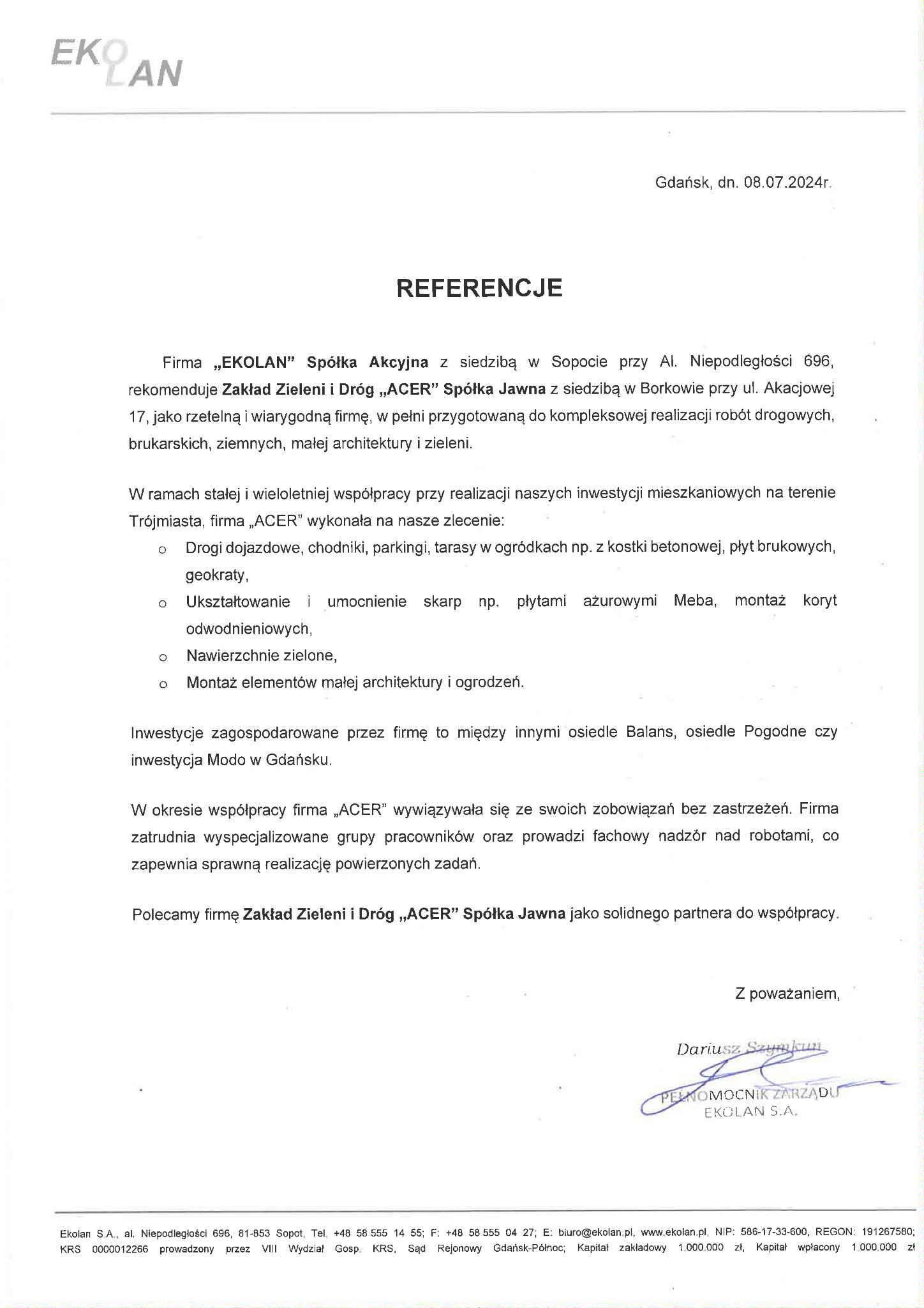 Skan referencji od firmy EKOLAN dla Zakładu Zieleni i Dróg ACER, potwierdzający realizację robót drogowych, brukarskich, ziemnych, małej architektury i zieleni na terenie Trójmiasta.