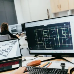 Biuro architektoniczne: widok na biurko z dwoma ekranami, na jednym z nich widoczny plan budynku, a na drugim model 3D, obok leżą okulary, długopisy, notatki i słuchawki.