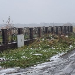 Daniel Jurkiewicz - Kute ogrodzenie z dekoracyjnymi elementami, osadzone na niskim murku z cegły. Obok stoi czarny kosz na śmieci, a w tle widać zalesiony teren i budynek.