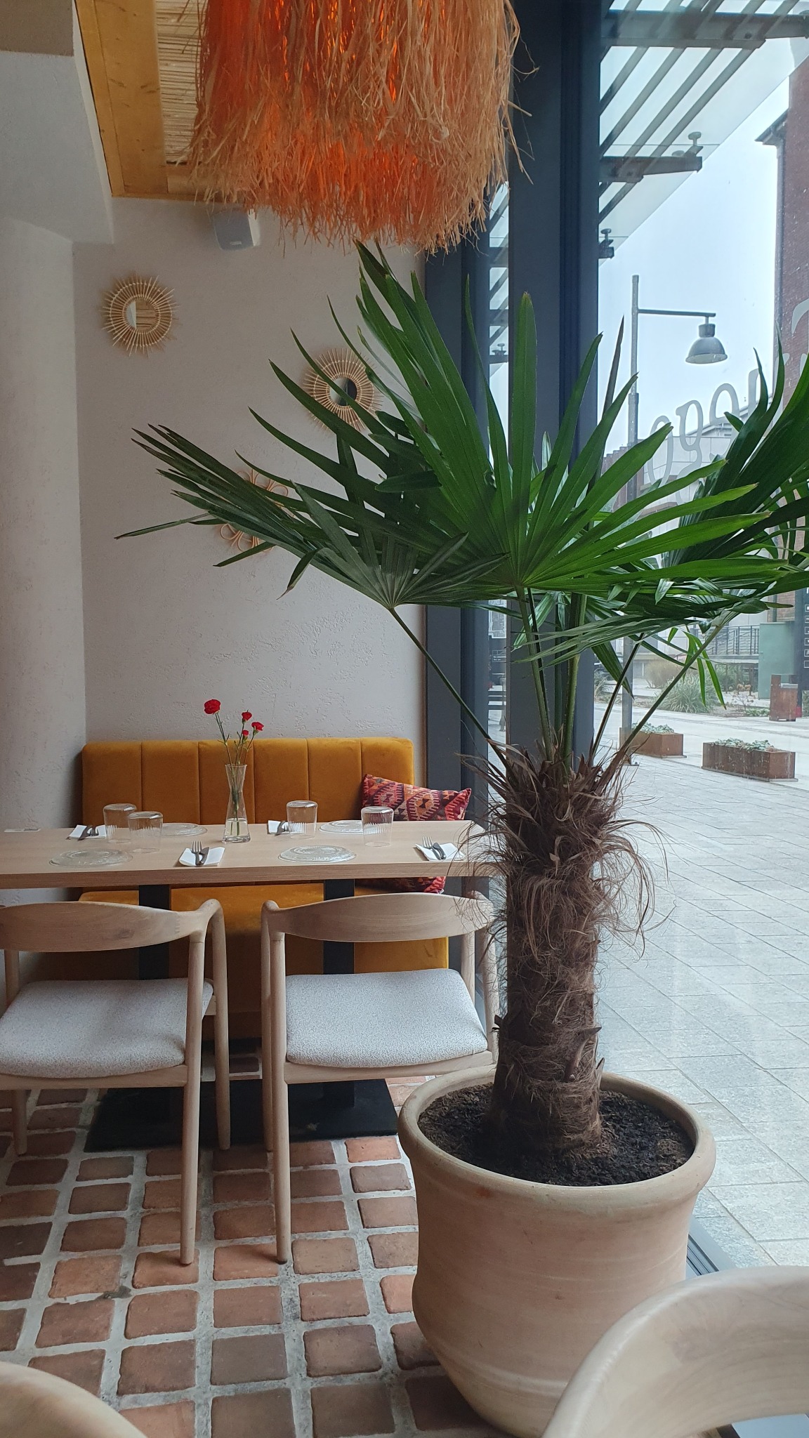 Wnętrze restauracji z palmą w donicy obok stołu nakrytego dla gości, widok na ulicę przez duże okno.