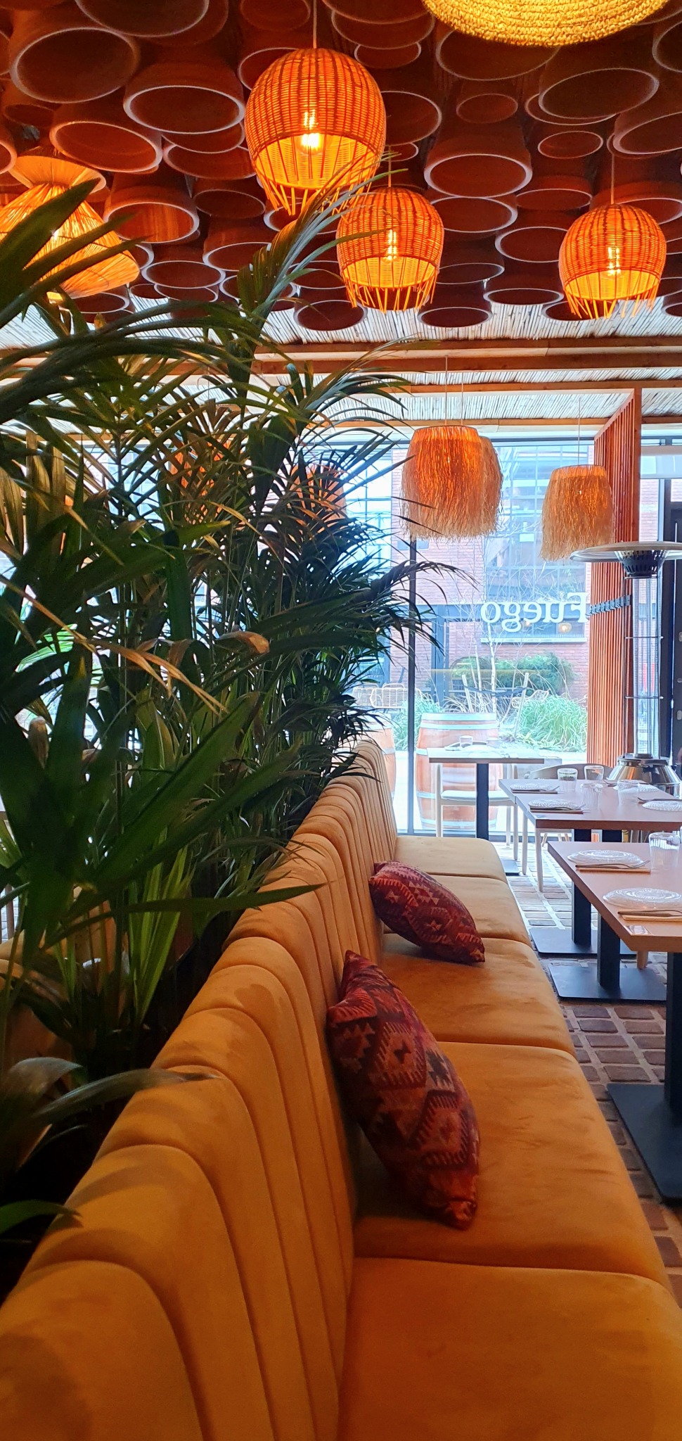 Wnętrze restauracji z roślinami doniczkowymi wzdłuż żółtej sofy, ozdobnymi poduszkami i wiklinowymi lampami wiszącymi pod sufitem z terakotowych doniczek.