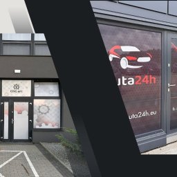 Mangraf Studio - Okna i drzwi oklejone folią z grafiką i logotypami firm CNC.arc oraz uta24h.