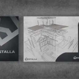 Dwa plakaty z logo i schematem przestrzennym budynku firmy Estalla na tle szarej ściany.