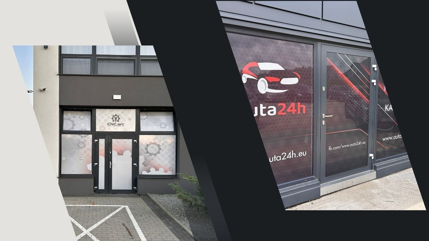 Okna i drzwi oklejone folią z grafiką i logotypami firm CNC.arc oraz uta24h.