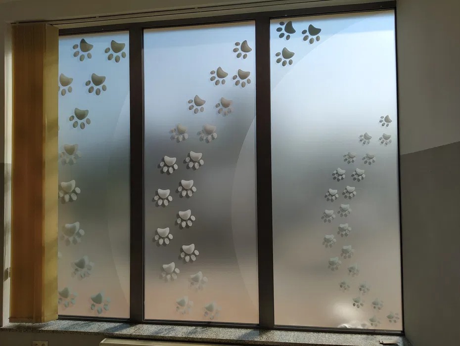 Okno z folią matową ozdobioną wzorem psich łap, rozmieszczonych w nieregularnych rzędach, z widocznymi zasłonami po lewej stronie.