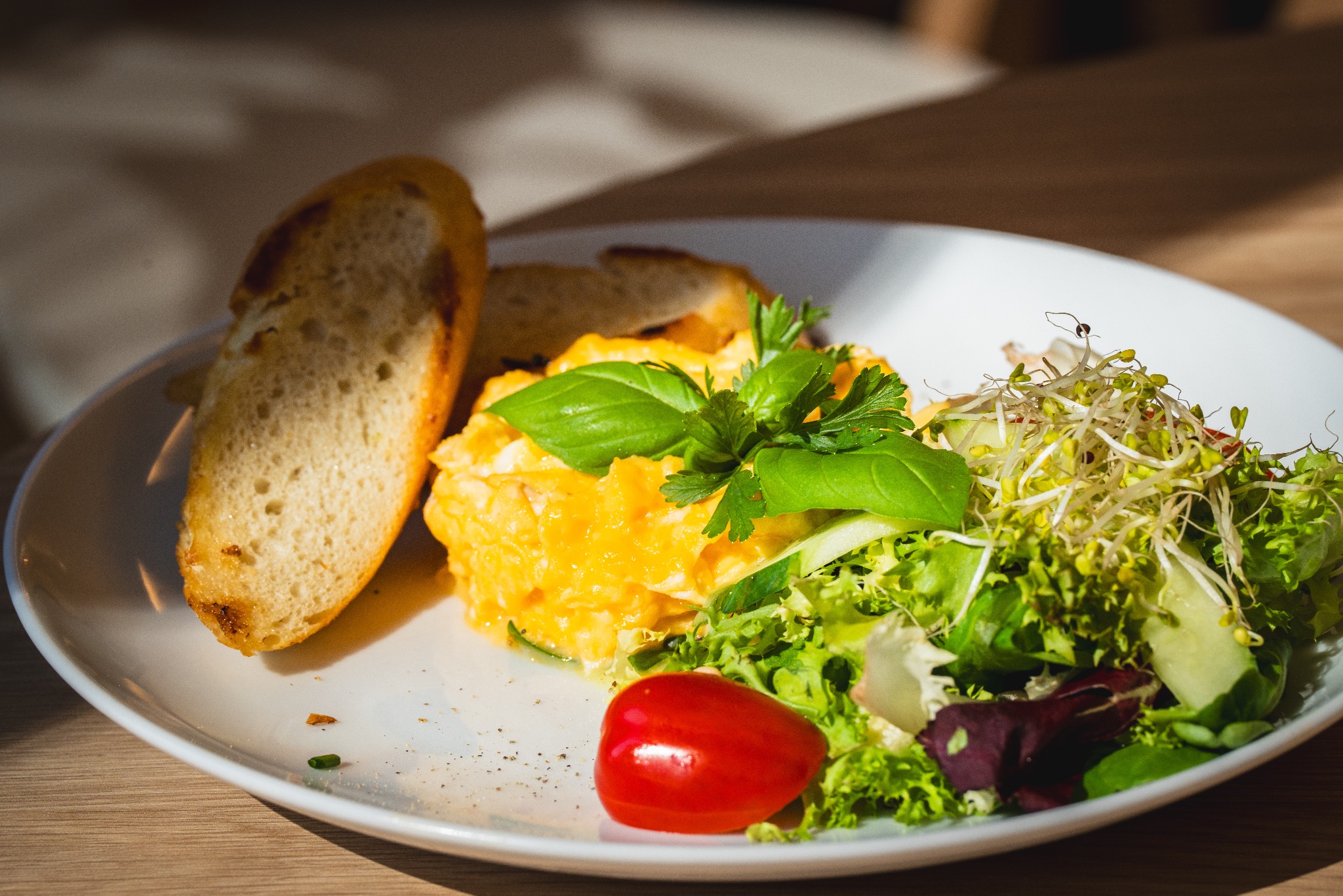 Apetyczna kompozycja śniadaniowa na białym talerzu: jajecznica z ziołami, grzanki i świeża sałatka z pomidorkiem koktajlowym, oświetlona naturalnym światłem.