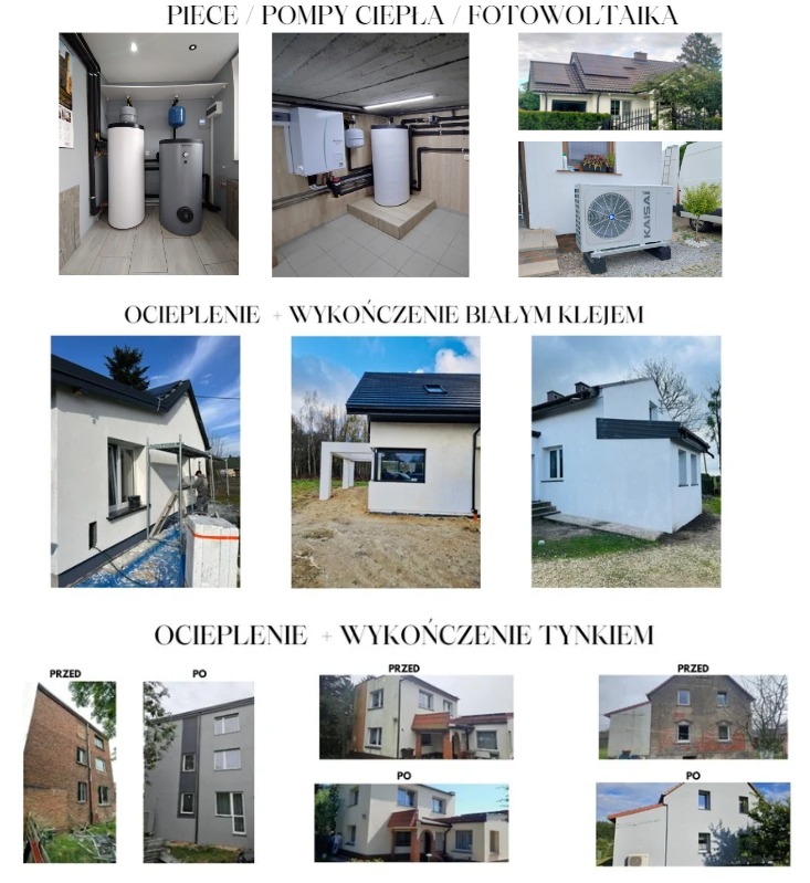 Kolaż zdjęć przedstawiający instalacje grzewcze, pompy ciepła, fotowoltaikę oraz ocieplenia budynków przed i po wykonaniu prac wykończeniowych, w tym elewacje z białym klejem i tynkiem.