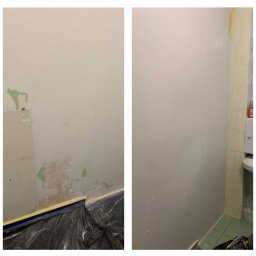 Łukasz Czapiewski - Zdjęcie typu 'przed i po' prezentuje ścianę: z uszkodzeniami i po naprawie, gotową do malowania. Na podłodze folia ochronna.