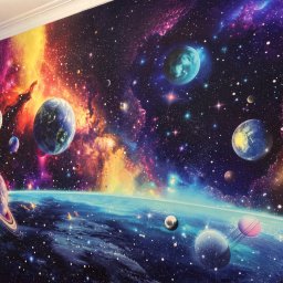 Łukasz Czapiewski - Ściana z fototapetą przedstawiającą kosmos z planetami, gwiazdami i mgławicami. Intensywne kolory i realistyczne detale tworzą iluzję głębi.