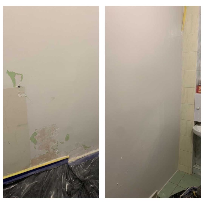 Zdjęcie typu 'przed i po' prezentuje ścianę: z uszkodzeniami i po naprawie, gotową do malowania. Na podłodze folia ochronna.