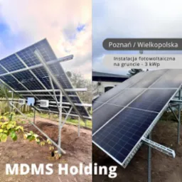 Dwa ujęcia instalacji paneli słonecznych na gruncie: z lewej widok z dołu na konstrukcję wsporczą i moduły, z prawej widok z boku na panele w Wielkopolsce, moc 3kW.