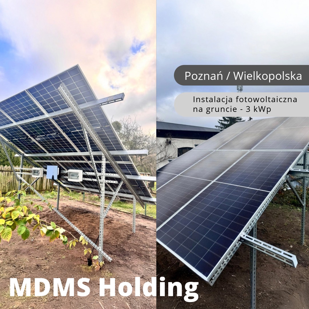 Dwa ujęcia instalacji paneli słonecznych na gruncie: z lewej widok z dołu na konstrukcję wsporczą i moduły, z prawej widok z boku na panele w Wielkopolsce, moc 3kW.