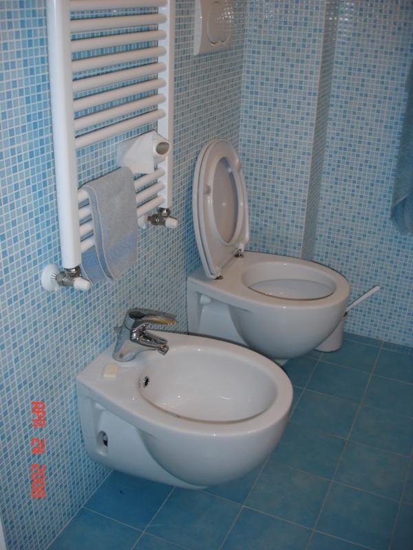 Niebieska łazienka z mozaiką: biały grzejnik drabinkowy z ręcznikiem, toaleta z otwartą klapą i bidet z chromowaną baterią. Ukończony remont łazienki.