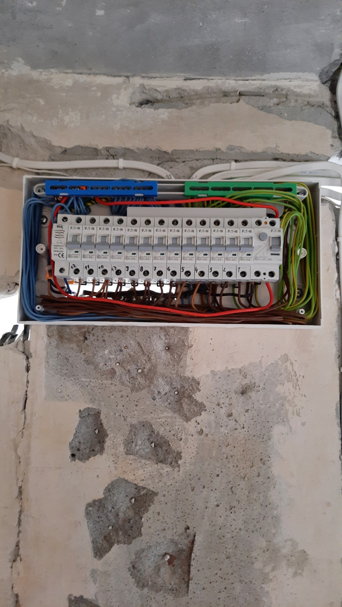 Rozdzielnica elektryczna z bezpiecznikami i przewodami w białej obudowie, zamontowana na surowej, betonowej ścianie w trakcie prac wykończeniowych.