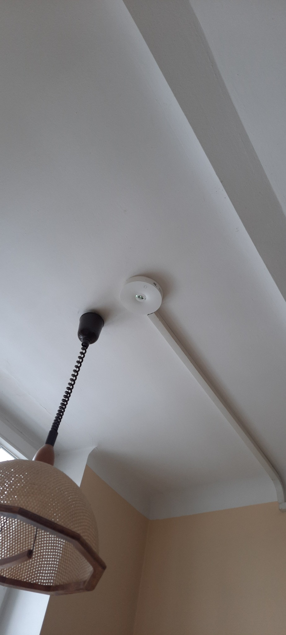 Widok z dołu na sufit z zamontowanym czujnikiem dymu i wiszącą lampą z rattanowym abażurem na sprężynowym kablu, widoczna listwa sufitowa.