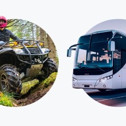 BEMA FINANSE MATEUSZ KANIEWSKI - Kolaż: quad z kierowcą w kasku w lesie i biały autokar na drodze. Pojazdy w okręgach na jasnym tle.