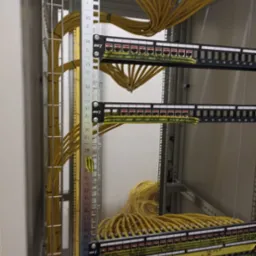 Panel krosowniczy z żółtymi kablami sieciowymi w szafie rack, widoczne oznaczenia na kablach i panelach, metalowa konstrukcja szafy.