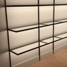 Szklane półki z czarnymi metalowymi ramami zamontowane na białej ścianie, widok z dołu, jasne oświetlenie.