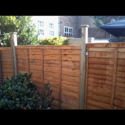 Wladyslaw Byczek - Nowo postawione drewniane ogrodzenie panelowe z widocznymi słupkami i zarysem domu w tle, częściowo zasłonięte przez zieleń.