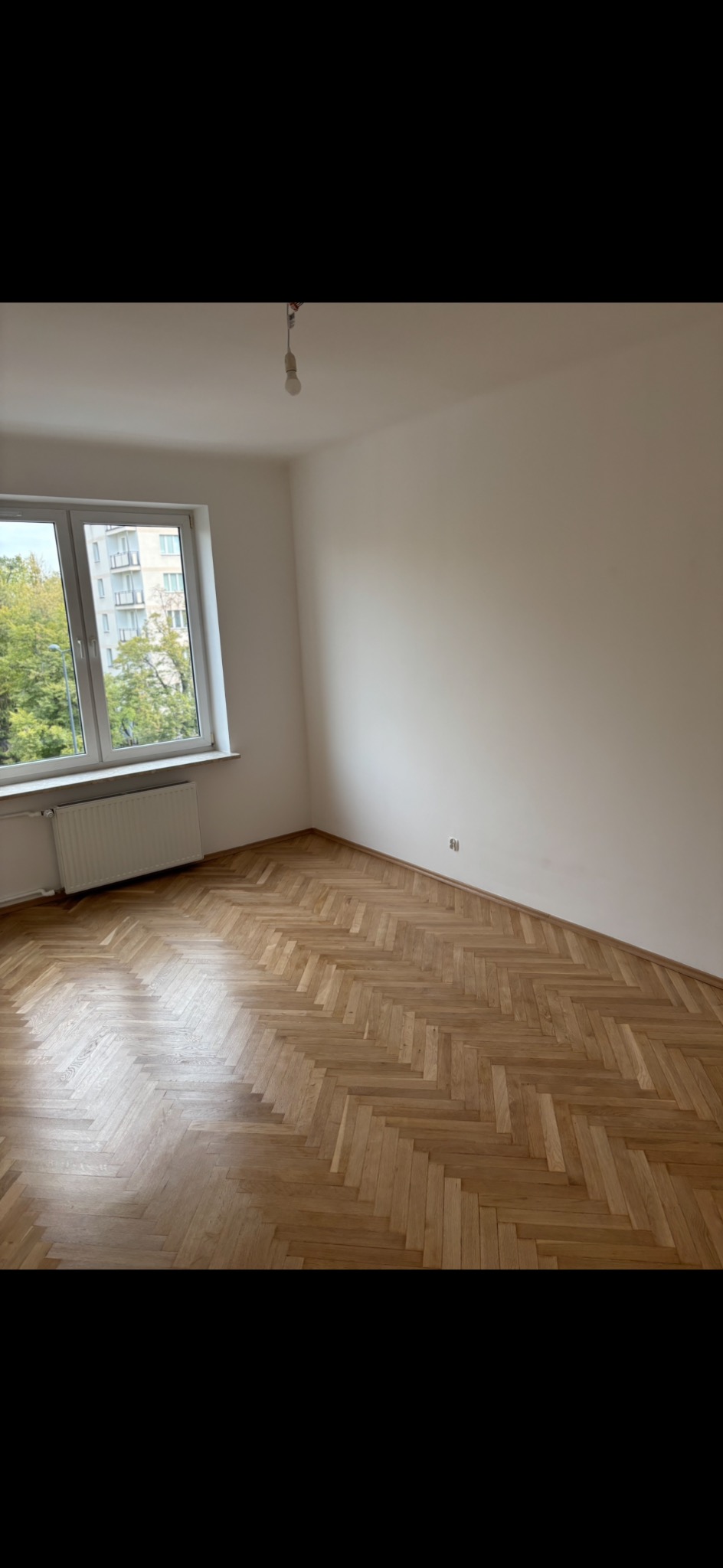 Jasne parkiety ułożone w jodełkę w pustym pokoju z oknem. Świeżo pomalowane ściany na biało. Widok na zieleń za oknem. Minimalistyczne wnętrze po remoncie.